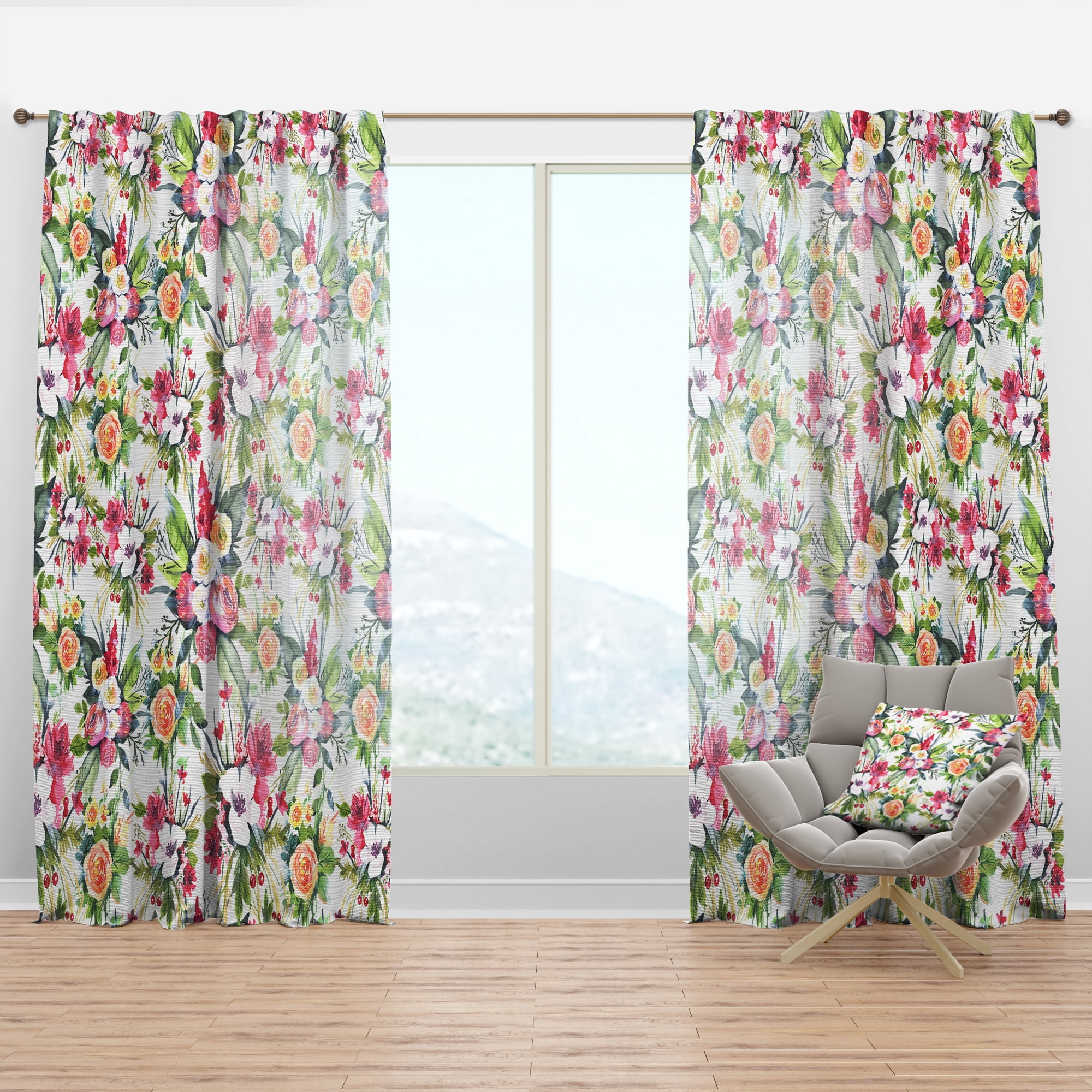 Designart 'Flowers With Green Leaves VII' Floral Curtain Panel