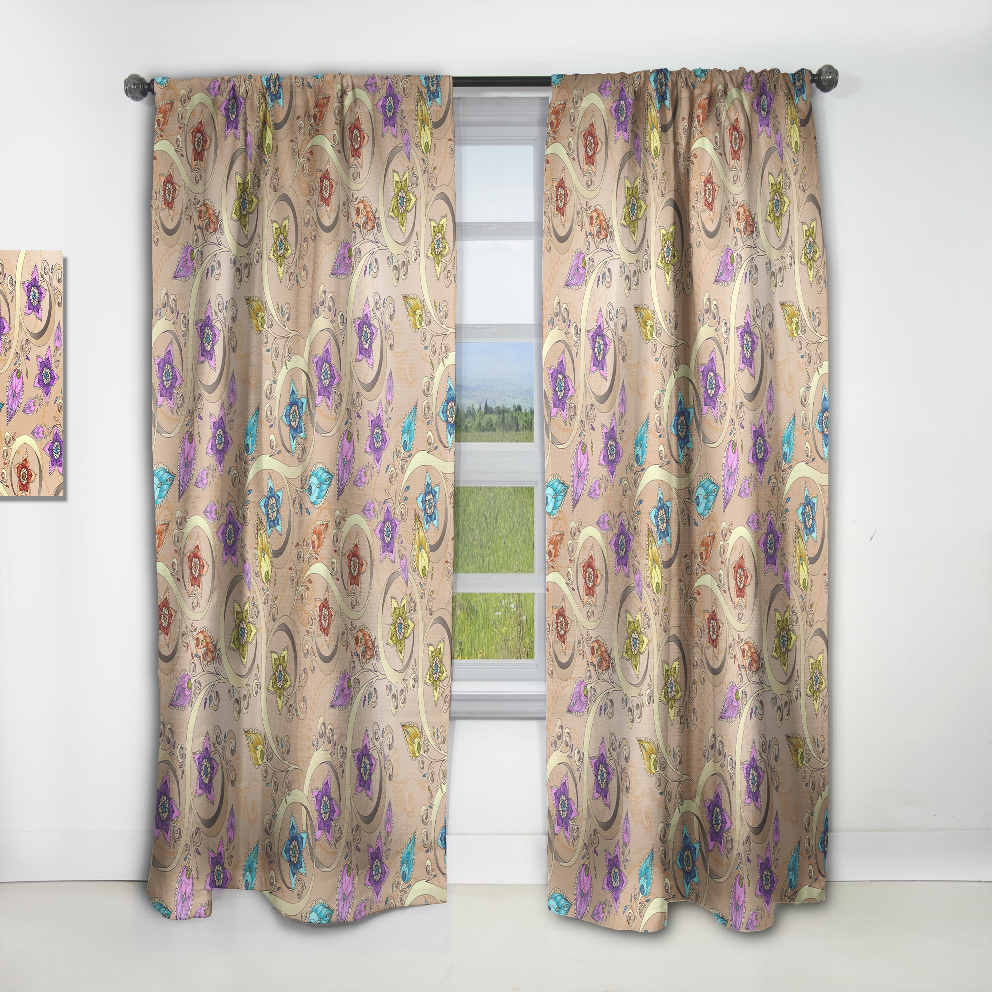 Designart 'Flowers With Ornamental Colored Floral Pattern' Vintage Curtain Panel