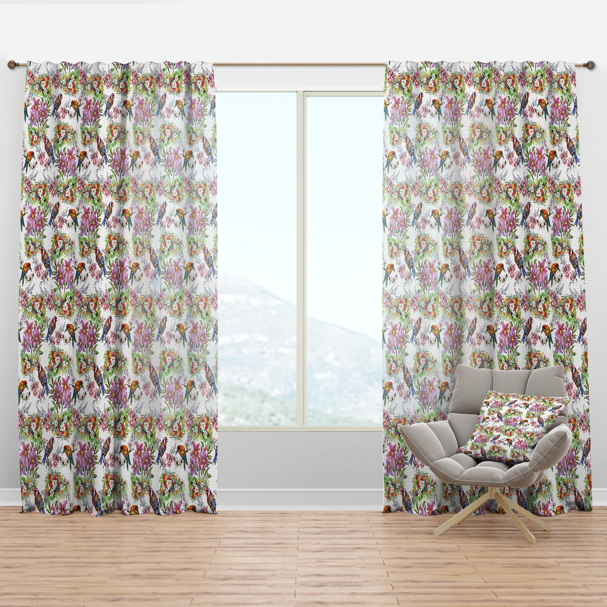 Designart 'Flowers and Birds With Pattern' Floral Curtain Panel