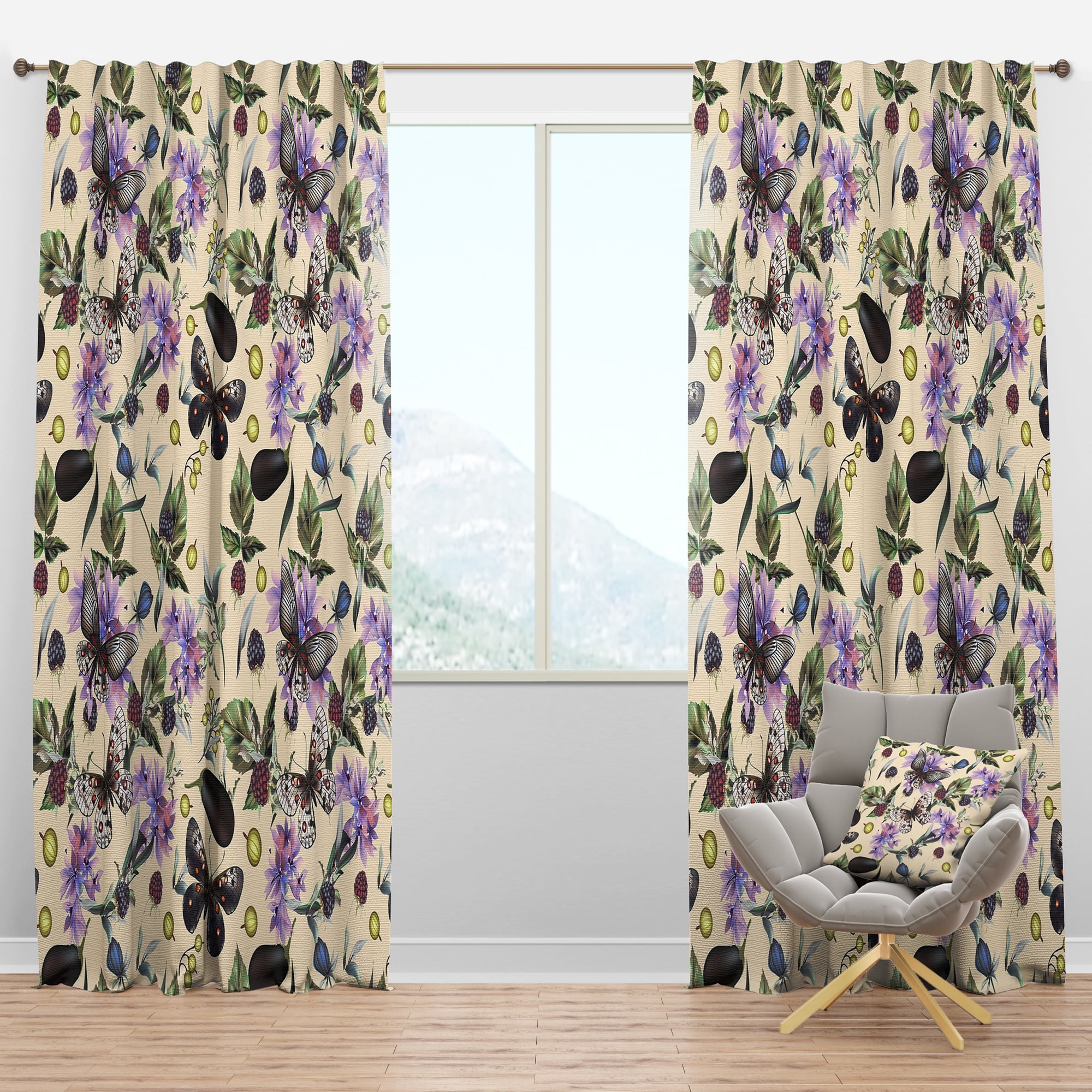 Designart 'Flowers and Butterflies I' Farmhouse Blackout Curtain Panel