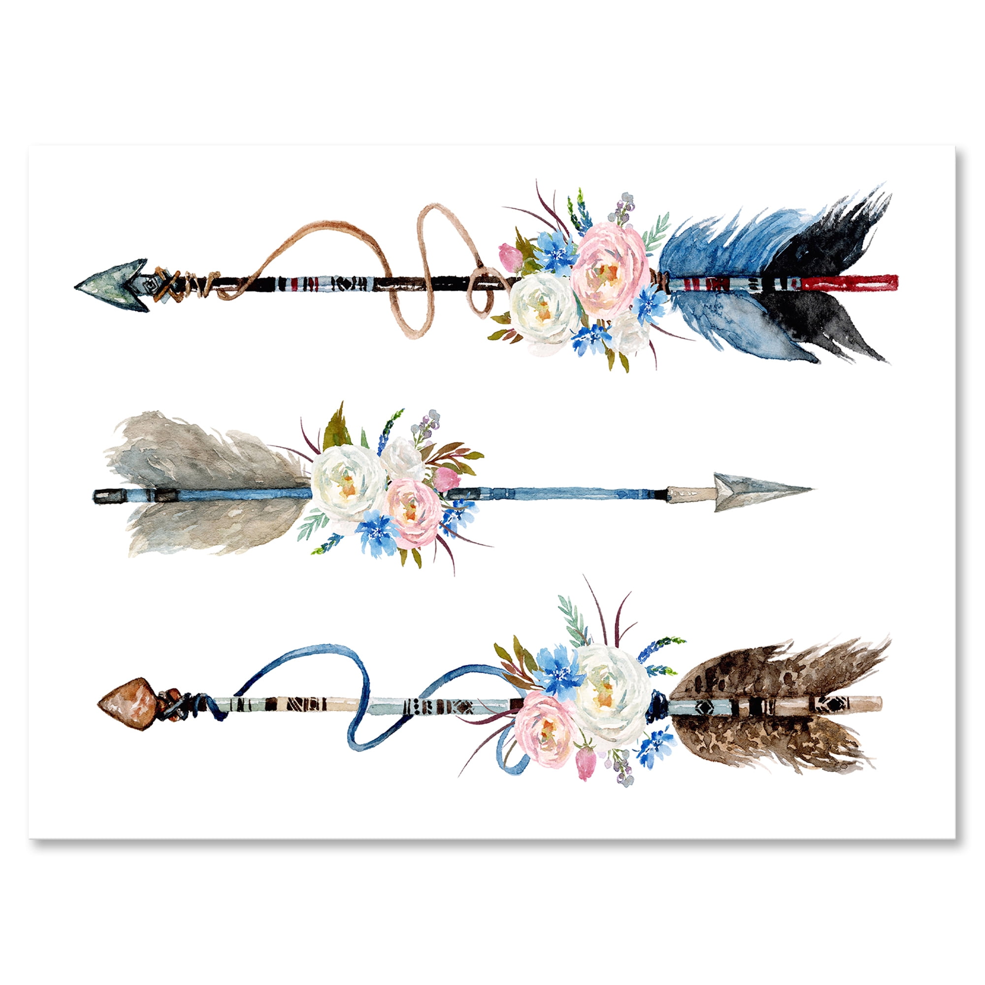 Designart ' Flowers and Ethnic Feathers On Native Arrows I ' Bohemian & Eclectic Canvas Wall Art Print