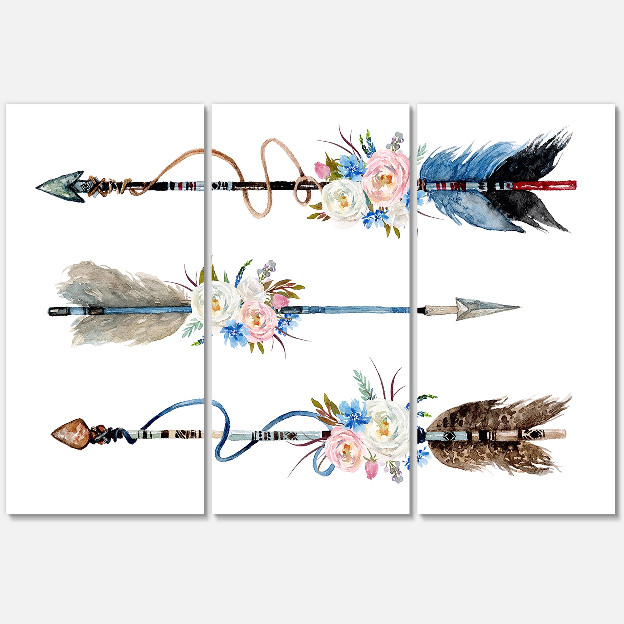 Designart ' Flowers and Ethnic Feathers On Native Arrows I ' Bohemian & Eclectic Canvas Wall Art Print