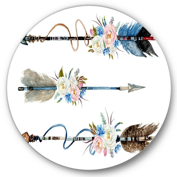 Designart 'Flowers and Ethnic Feathers On Native Arrows I' Bohemian & Eclectic Circle Metal Wall Art 23x23 - Disc of 23