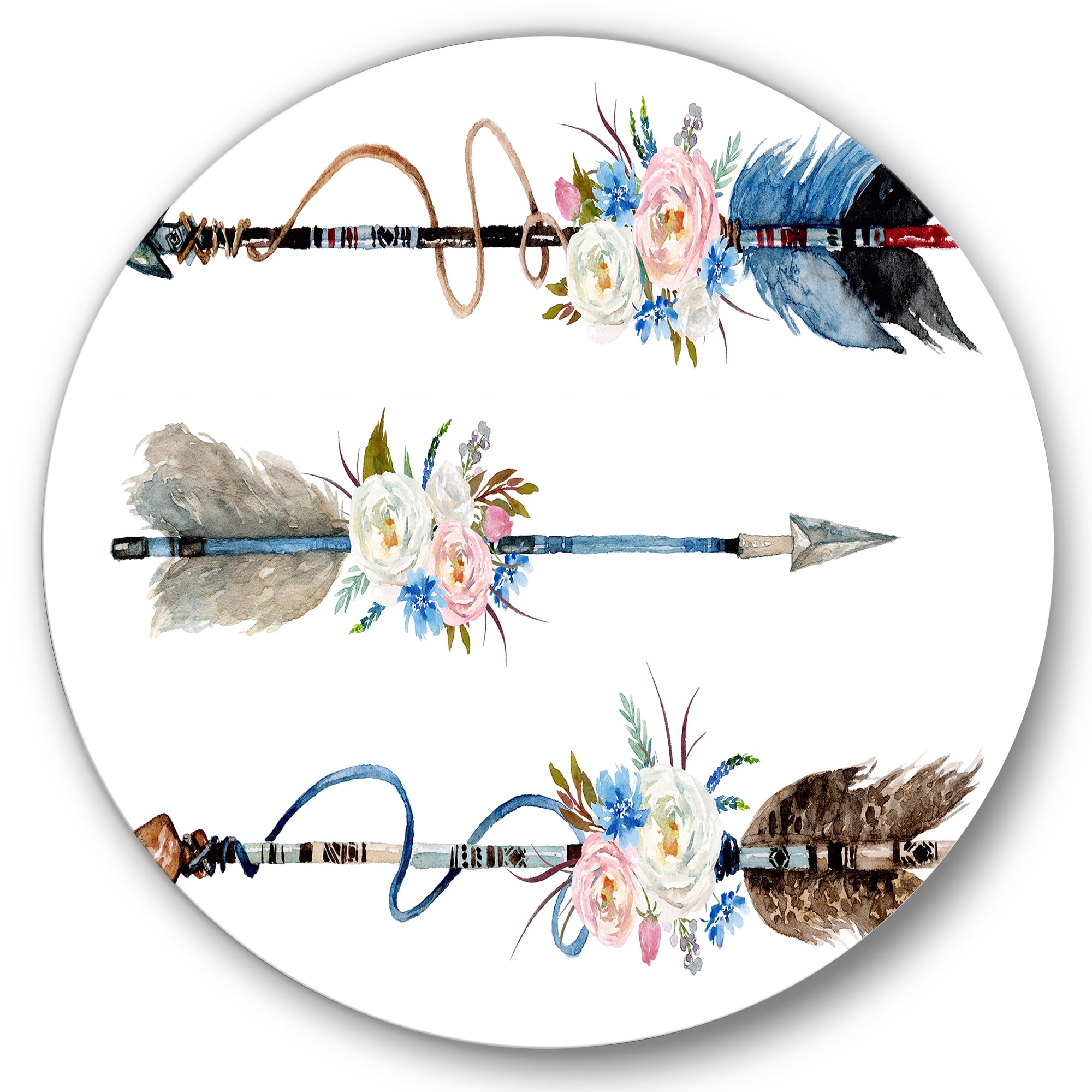 Designart 'Flowers and Ethnic Feathers On Native Arrows I' Bohemian & Eclectic Circle Metal Wall Art 29x29 - Disc of 29