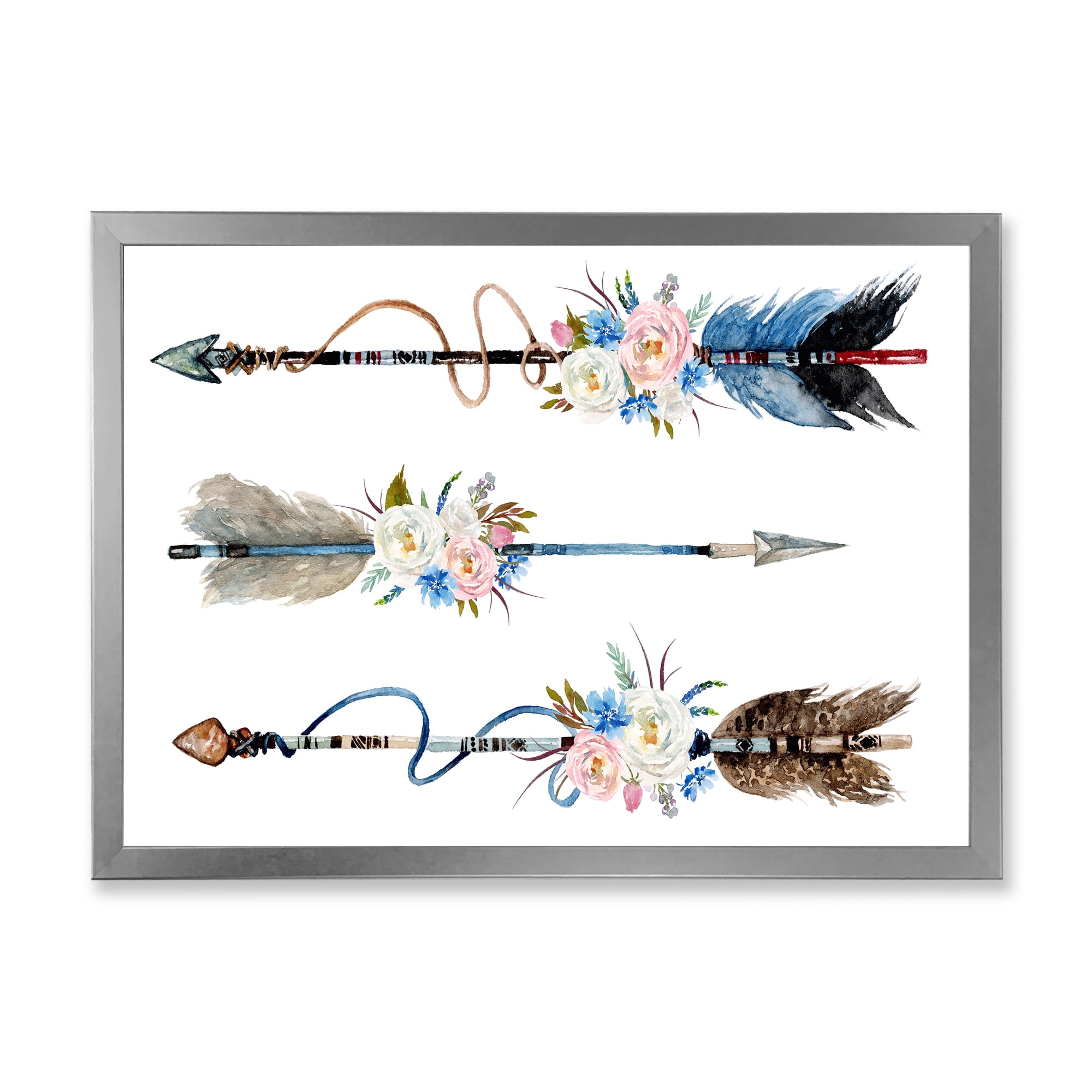 Designart 'Flowers and Ethnic Feathers On Native Arrows I' Bohemian & Eclectic Framed Art Print