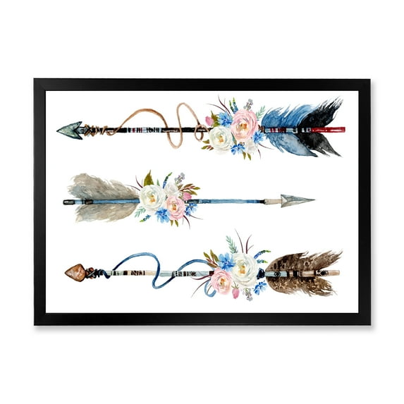 Designart 'Flowers and Ethnic Feathers On Native Arrows I' Bohemian & Eclectic Framed Art Print