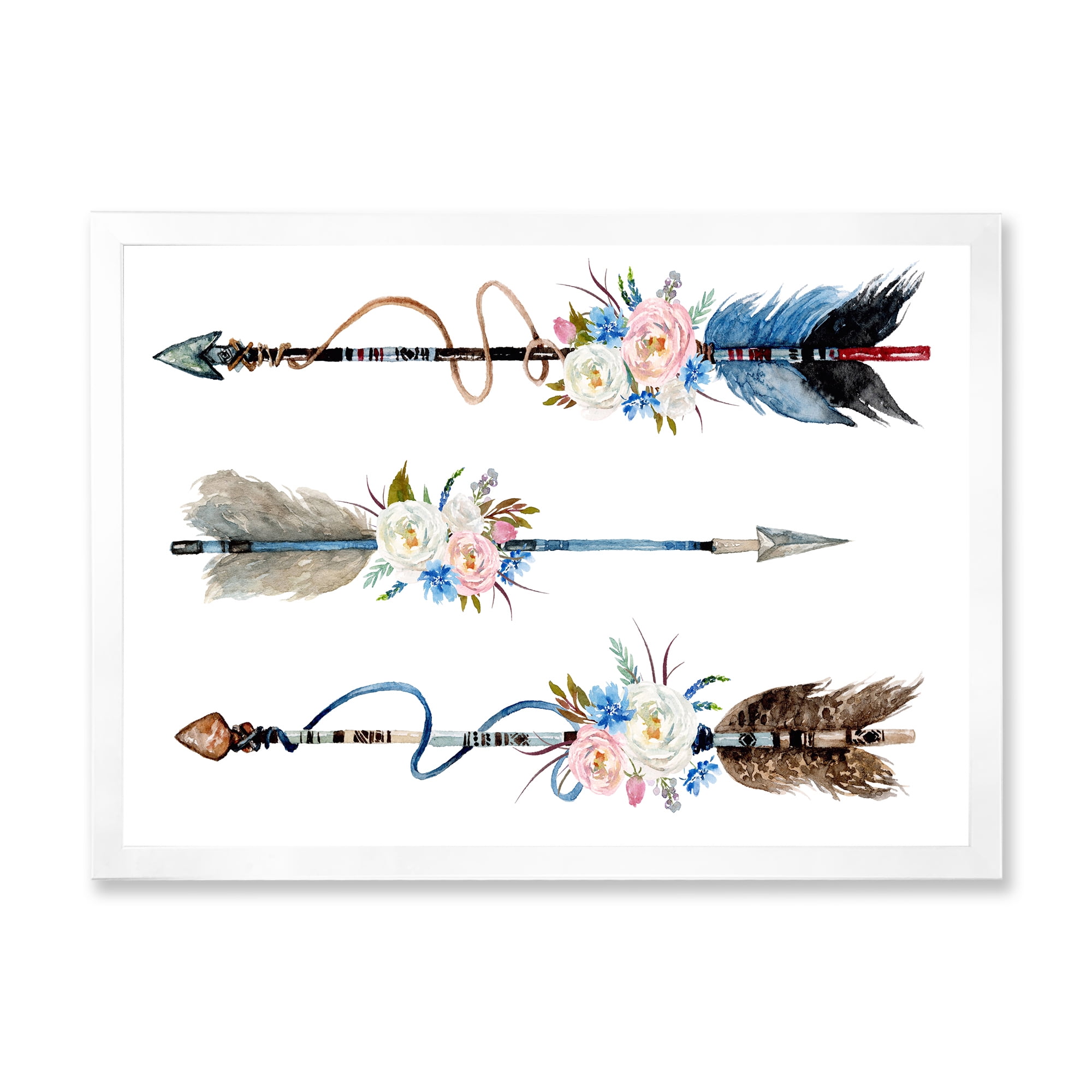 Designart 'Flowers and Ethnic Feathers On Native Arrows I' Bohemian & Eclectic Framed Art Print