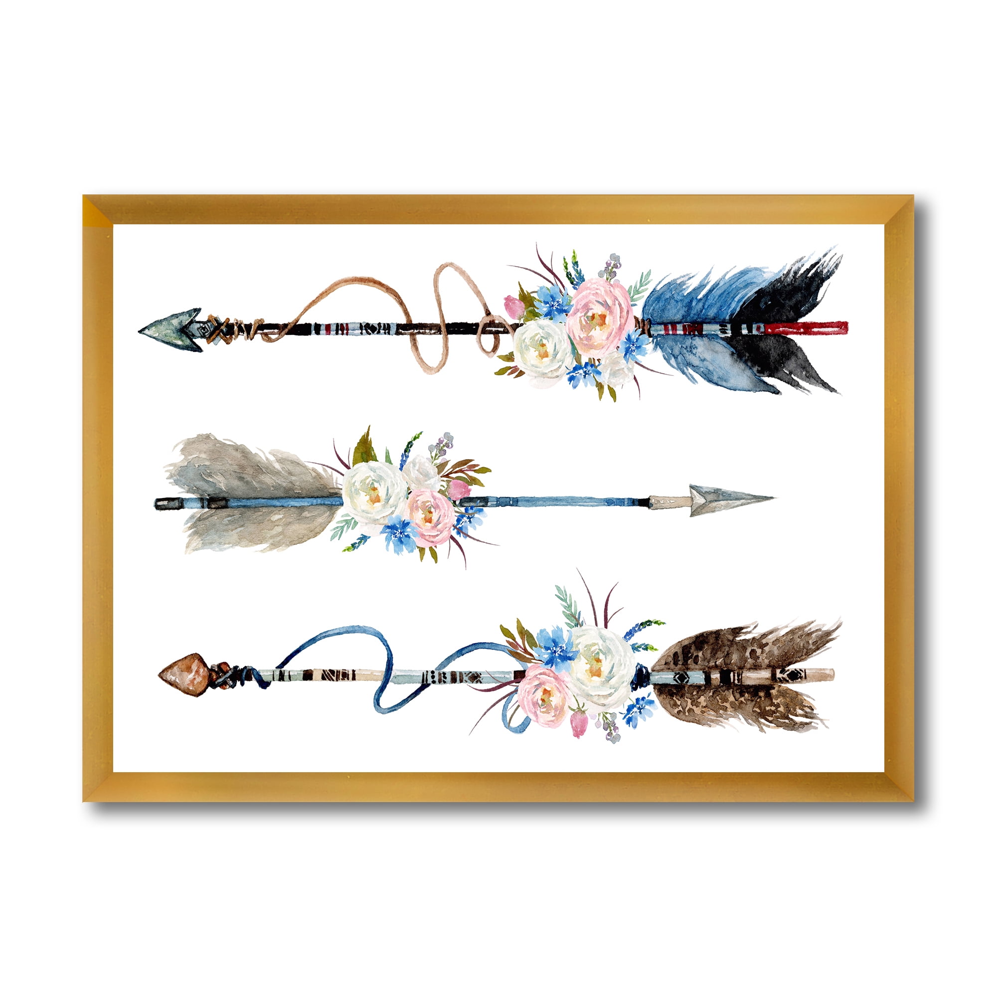 Designart 'Flowers and Ethnic Feathers On Native Arrows I' Bohemian & Eclectic Framed Art Print