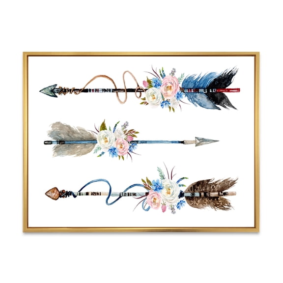 Designart 'Flowers and Ethnic Feathers On Native Arrows I' Bohemian & Eclectic Framed Canvas Wall Art Print