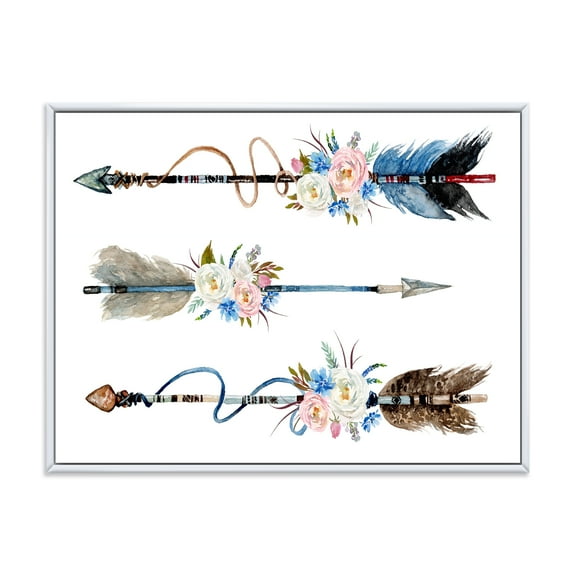 Designart 'Flowers and Ethnic Feathers On Native Arrows I' Bohemian & Eclectic Framed Canvas Wall Art Print