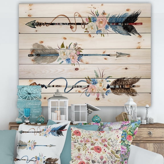 Designart 'Flowers and Ethnic Feathers On Native Arrows I' Bohemian & Eclectic Print on Natural Pine Wood