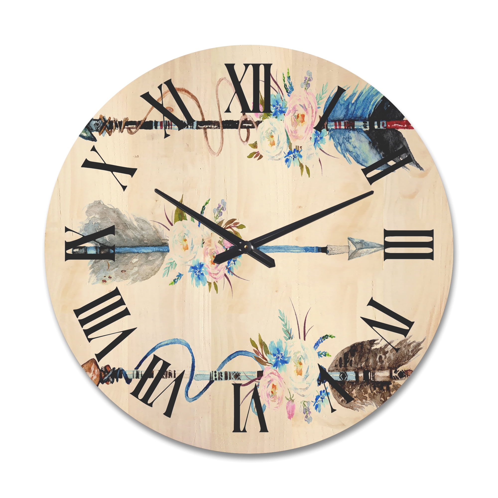 Designart 'Flowers and Ethnic Feathers On Native Arrows I' Bohemian & Eclectic Wood Wall Clock