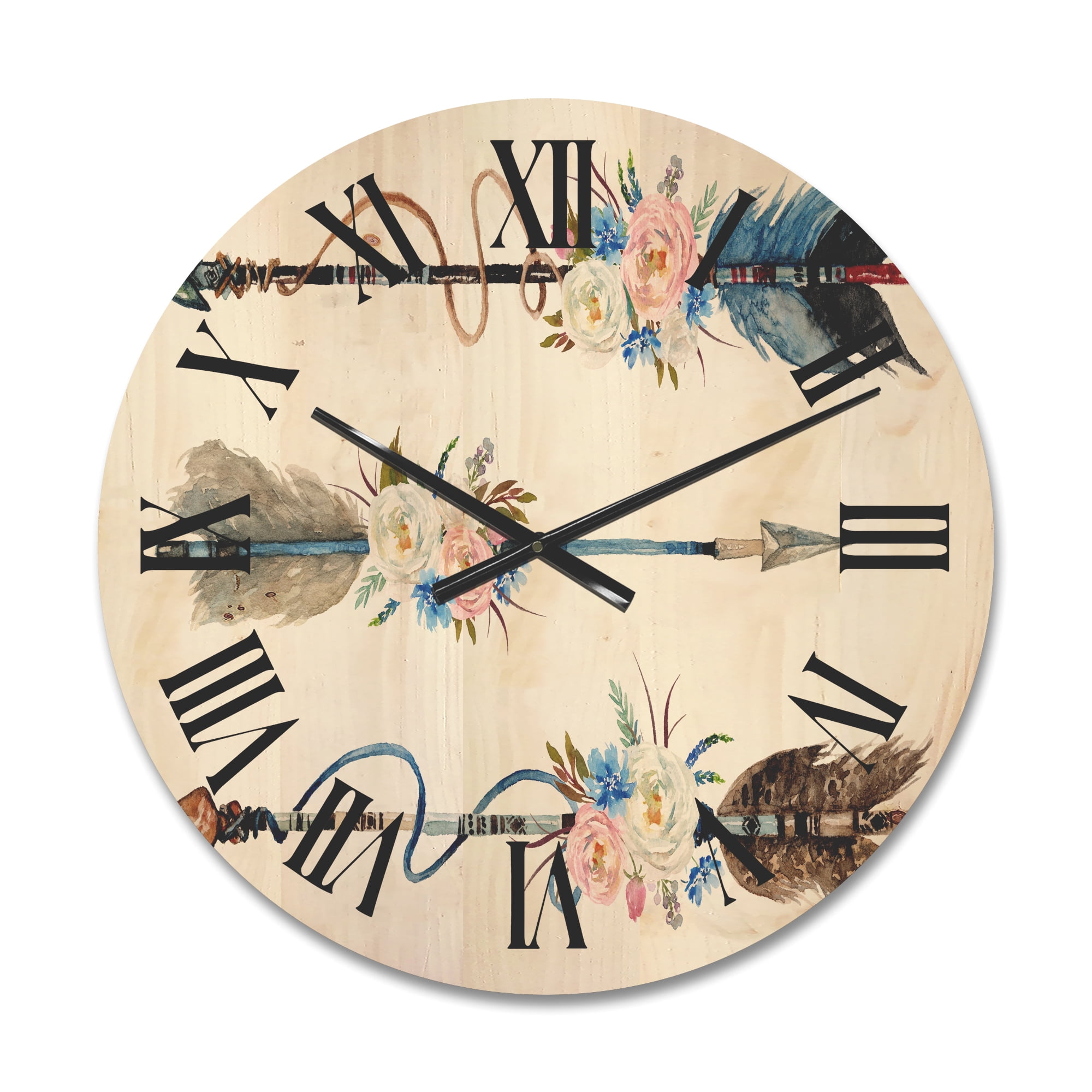 Designart 'Flowers and Ethnic Feathers On Native Arrows I' Bohemian & Eclectic Wood Wall Clock