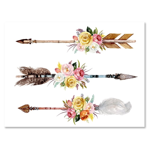 Designart ' Flowers and Ethnic Feathers On Native Arrows II ' Bohemian & Eclectic Canvas Wall Art Print