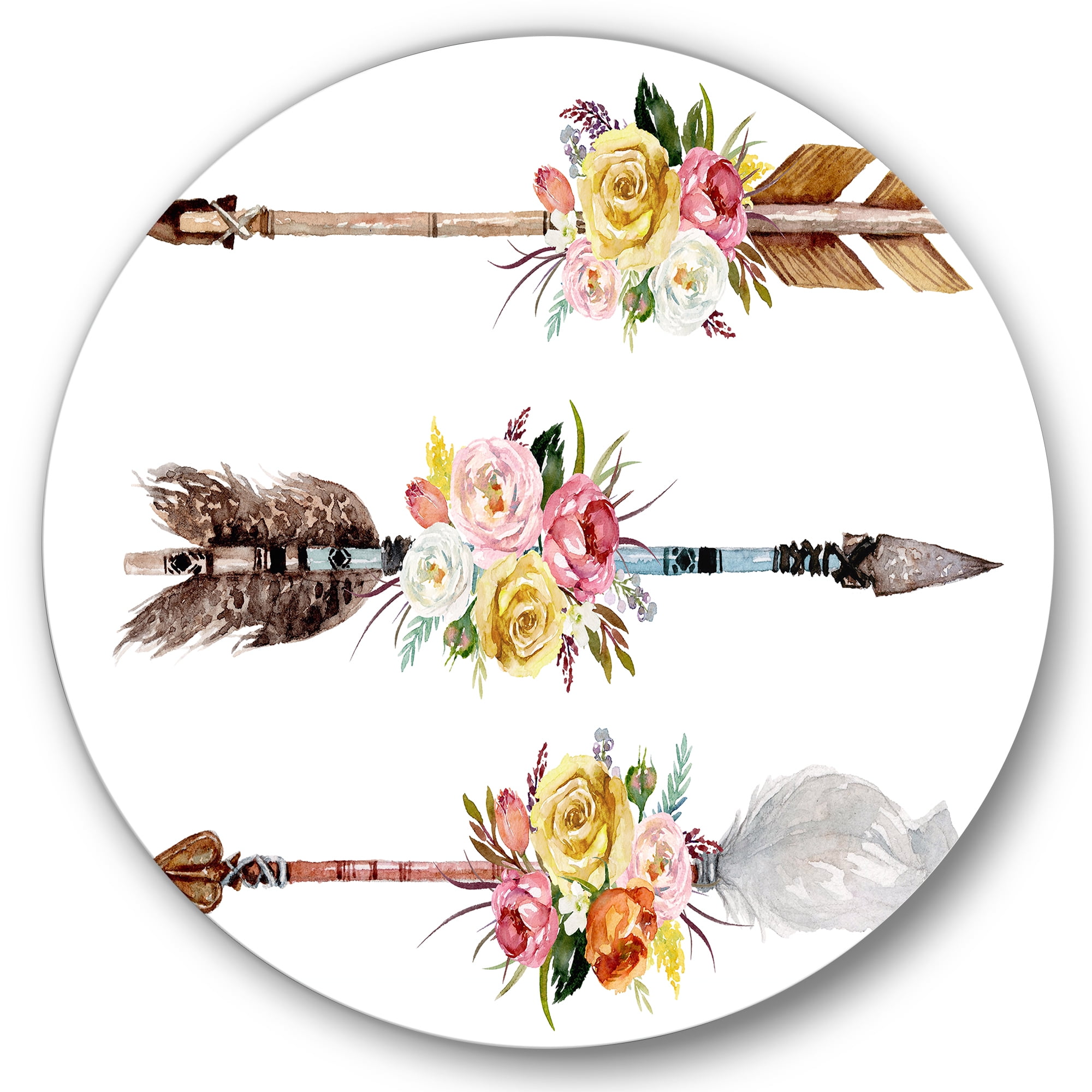 Designart 'Flowers and Ethnic Feathers On Native Arrows II' Bohemian & Eclectic Circle Metal Wall Art 11x11 - Disc of 11