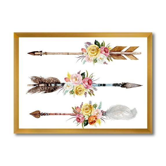Designart 'Flowers and Ethnic Feathers On Native Arrows II' Bohemian & Eclectic Framed Art Print