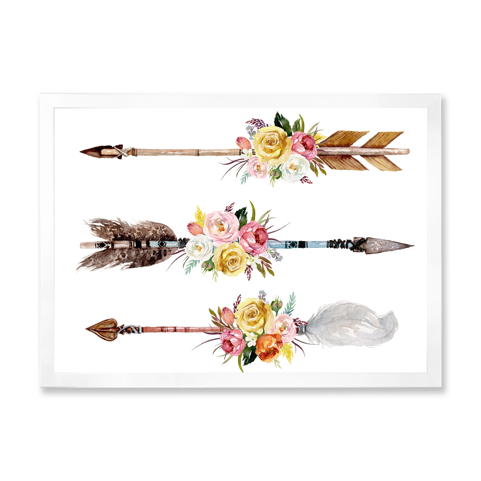 Designart 'Flowers and Ethnic Feathers On Native Arrows II' Bohemian & Eclectic Framed Art Print