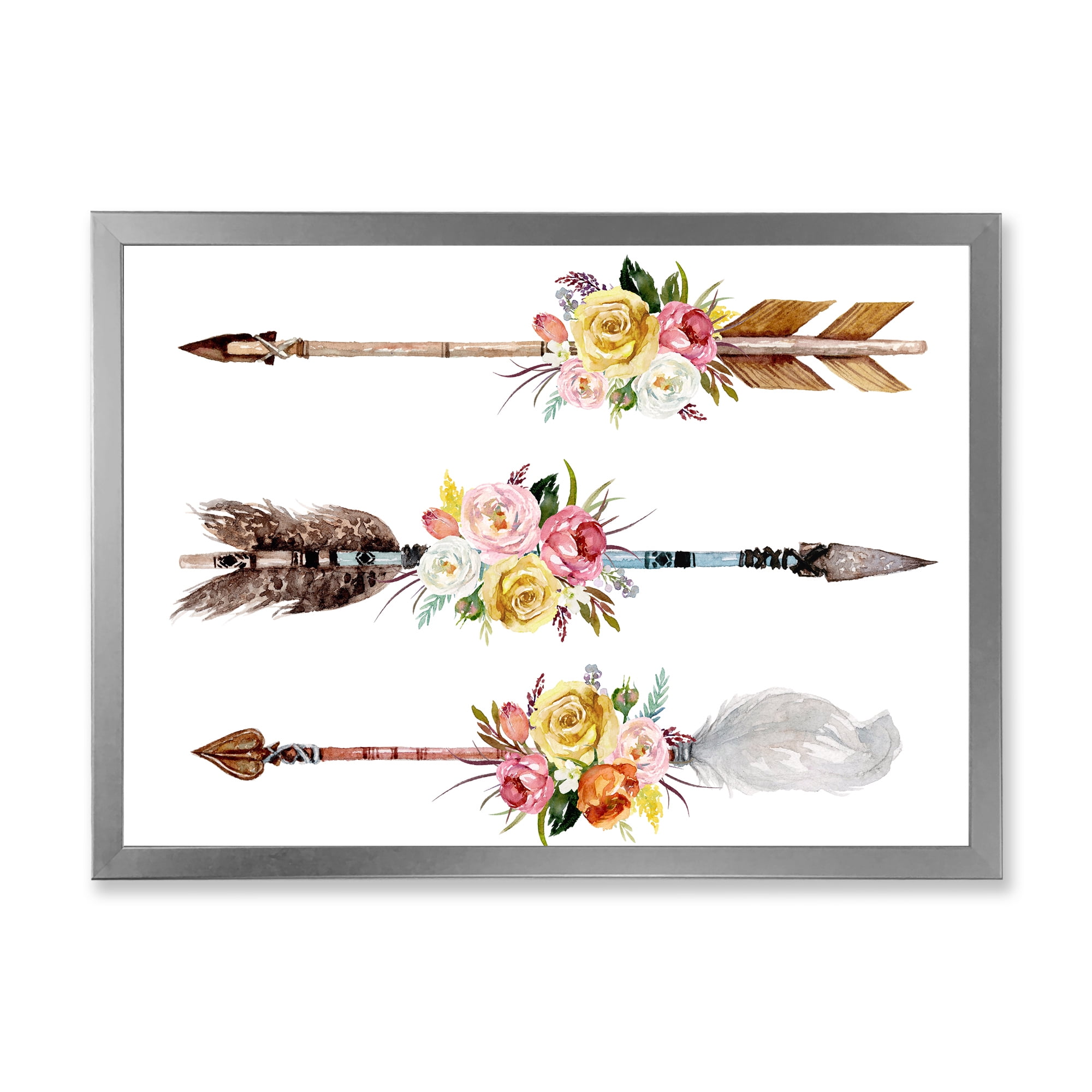 Designart 'Flowers and Ethnic Feathers On Native Arrows II' Bohemian & Eclectic Framed Art Print