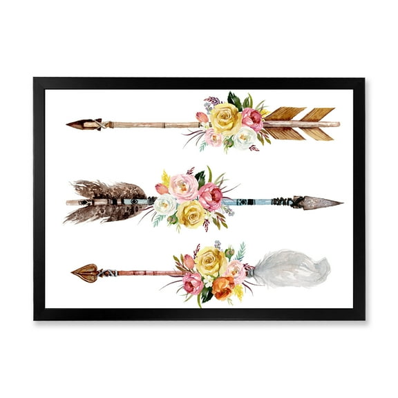 Designart 'Flowers and Ethnic Feathers On Native Arrows II' Bohemian & Eclectic Framed Art Print