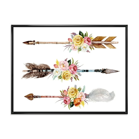 Designart 'Flowers and Ethnic Feathers On Native Arrows II' Bohemian & Eclectic Framed Canvas Wall Art Print