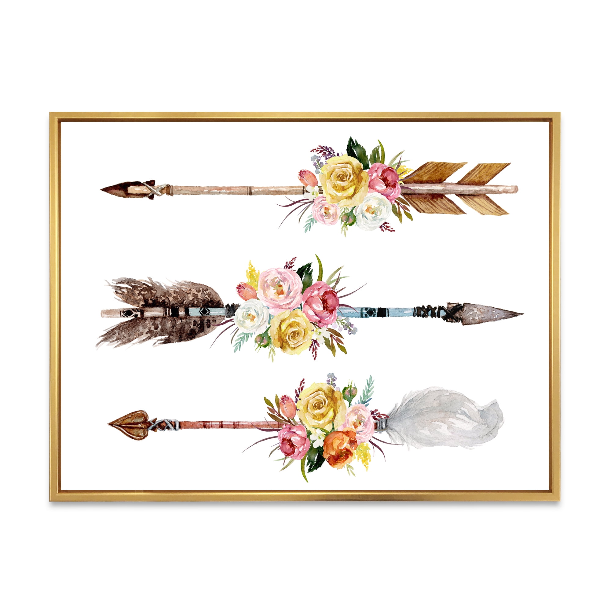 Designart 'Flowers and Ethnic Feathers On Native Arrows II' Bohemian & Eclectic Framed Canvas Wall Art Print