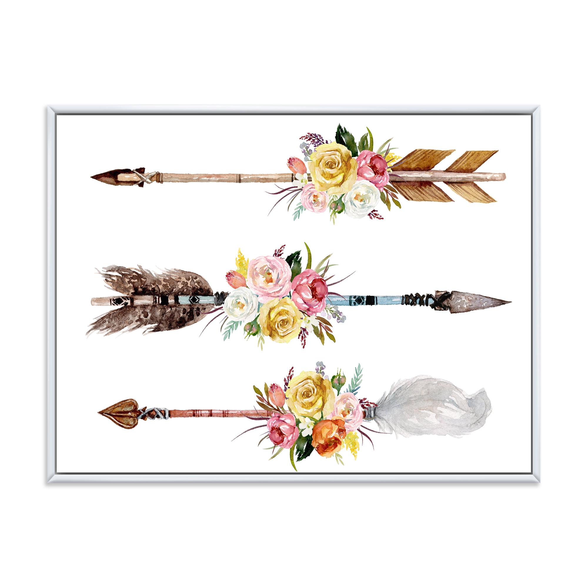 Designart 'Flowers and Ethnic Feathers On Native Arrows II' Bohemian & Eclectic Framed Canvas Wall Art Print