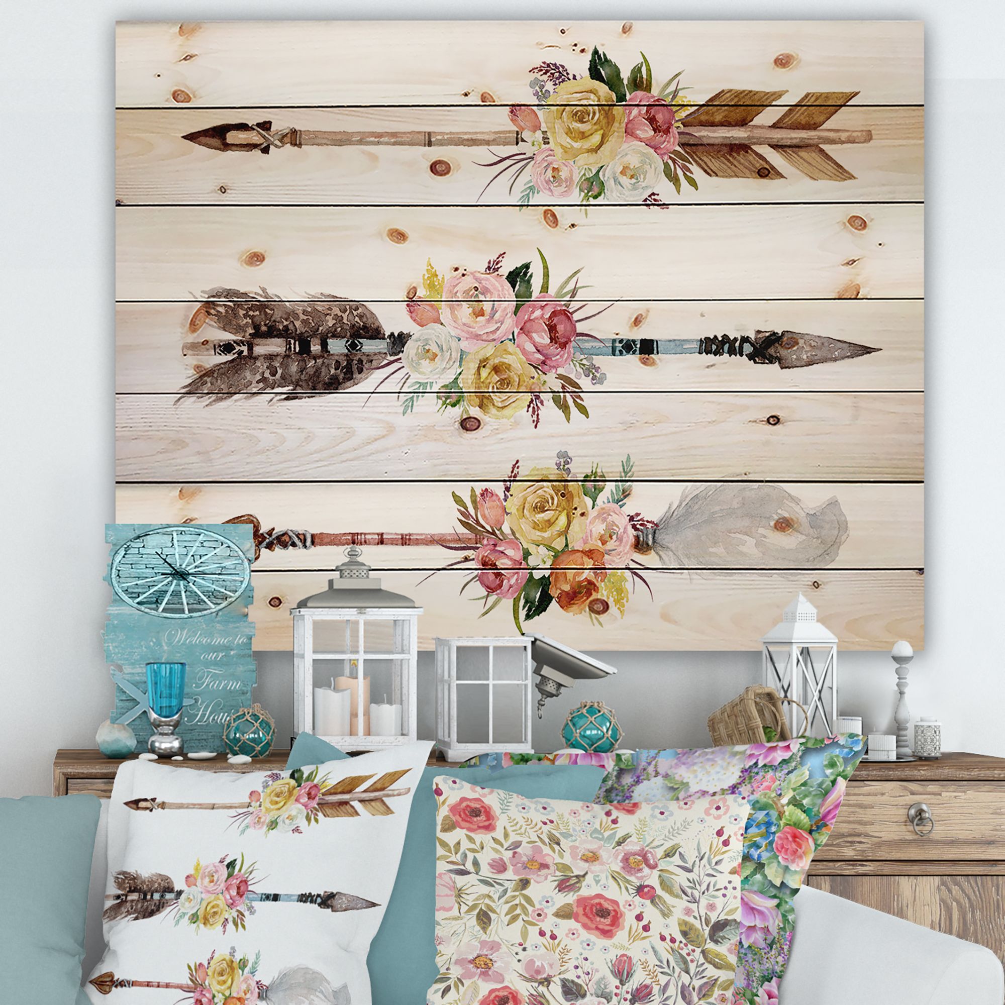 Designart 'Flowers and Ethnic Feathers On Native Arrows II' Bohemian & Eclectic Print on Natural Pine Wood