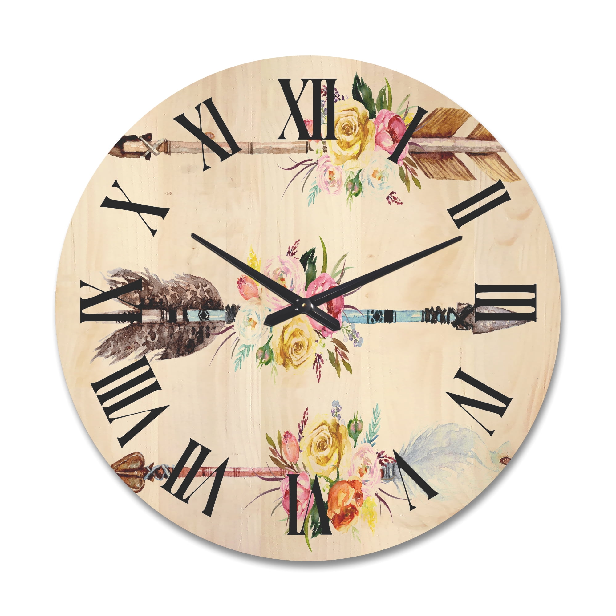 Designart 'Flowers and Ethnic Feathers On Native Arrows II' Bohemian & Eclectic Wood Wall Clock