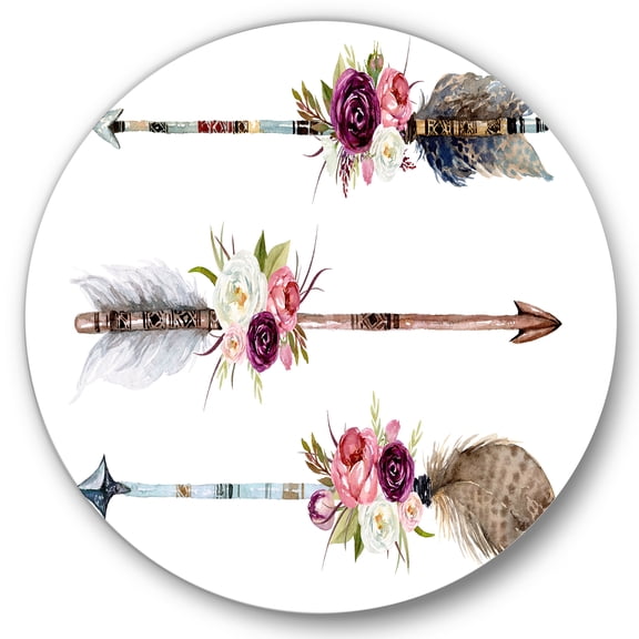 Designart 'Flowers and Ethnic Feathers On Native Arrows III' Bohemian & Eclectic Circle Metal Wall Art 29x29 - Disc of 29