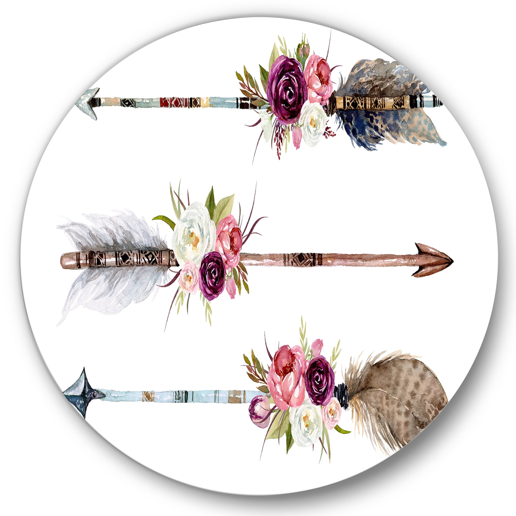 Designart 'Flowers and Ethnic Feathers On Native Arrows III' Bohemian & Eclectic Circle Metal Wall Art 36x36 - Disc of 36