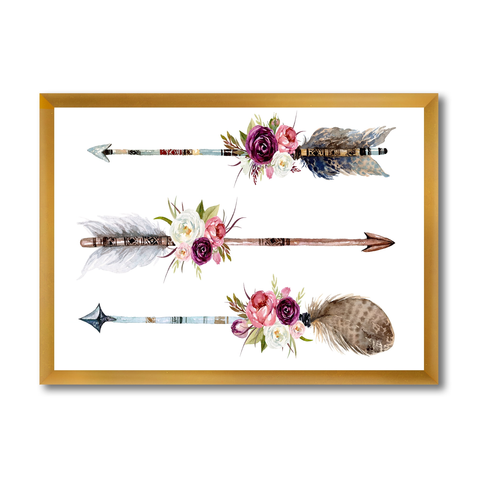 Designart 'Flowers and Ethnic Feathers On Native Arrows III' Bohemian & Eclectic Framed Art Print