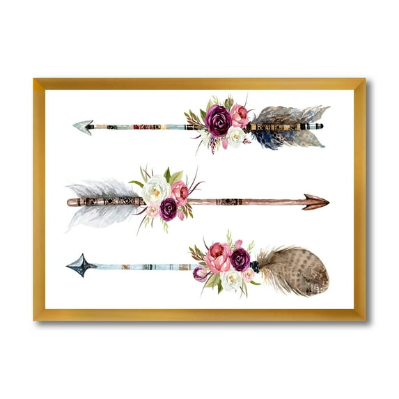 Designart 'Flowers and Ethnic Feathers On Native Arrows III' Bohemian & Eclectic Framed Art Print