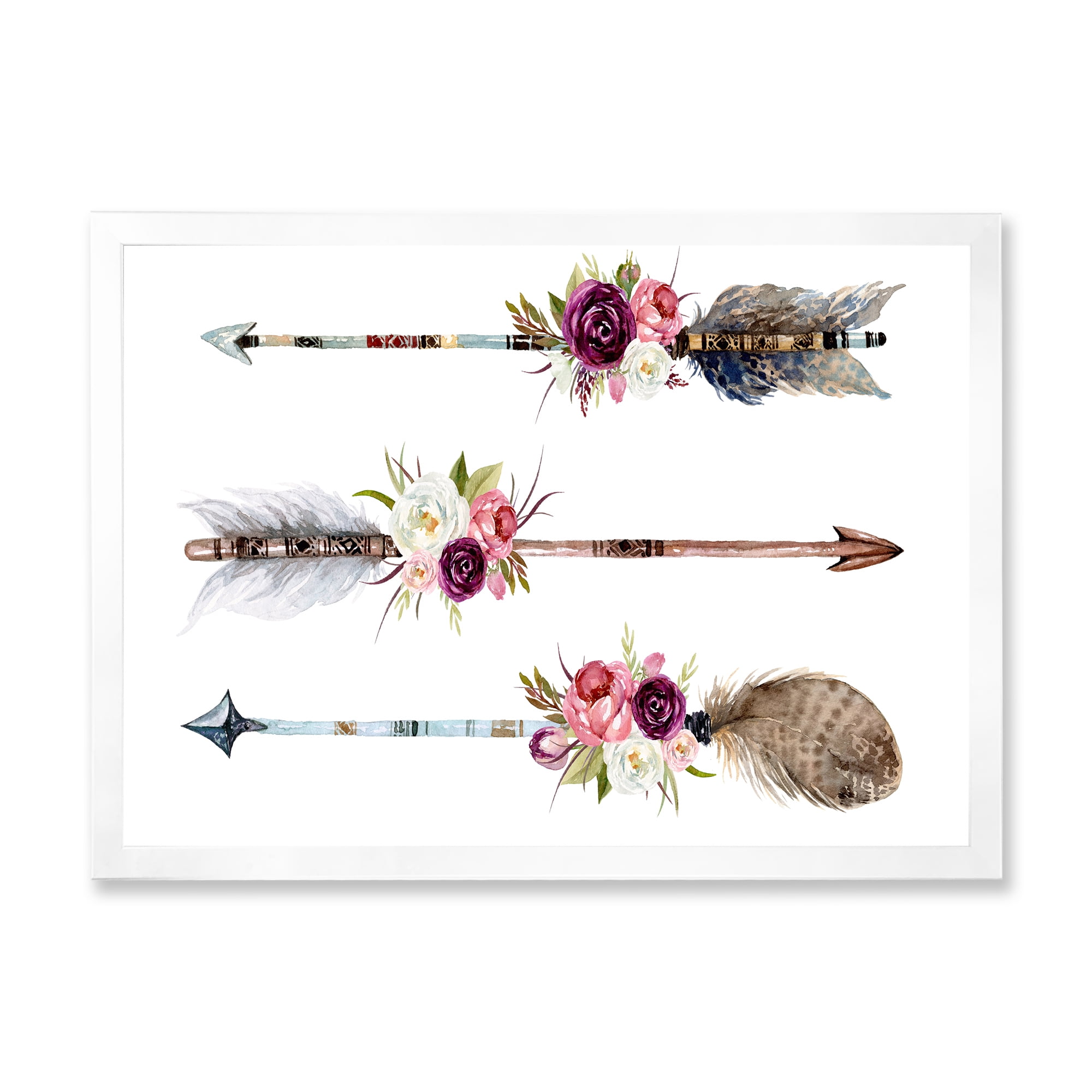 Designart 'Flowers and Ethnic Feathers On Native Arrows III' Bohemian & Eclectic Framed Art Print