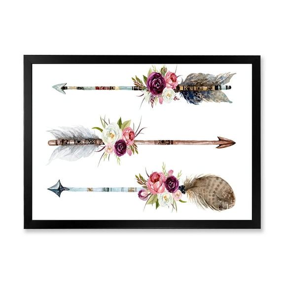Designart 'Flowers and Ethnic Feathers On Native Arrows III' Bohemian & Eclectic Framed Art Print