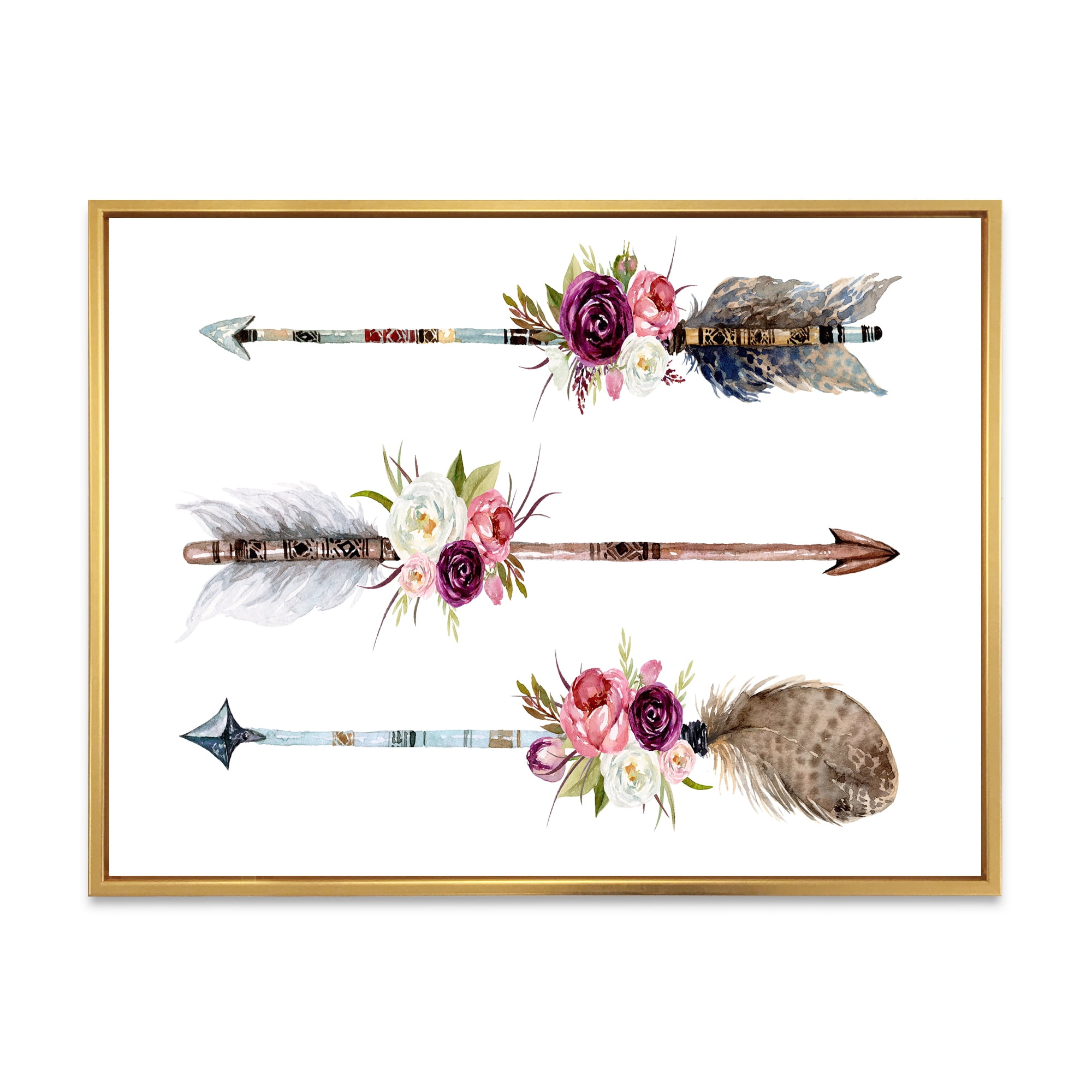 Designart 'Flowers and Ethnic Feathers On Native Arrows III' Bohemian & Eclectic Framed Canvas Wall Art Print
