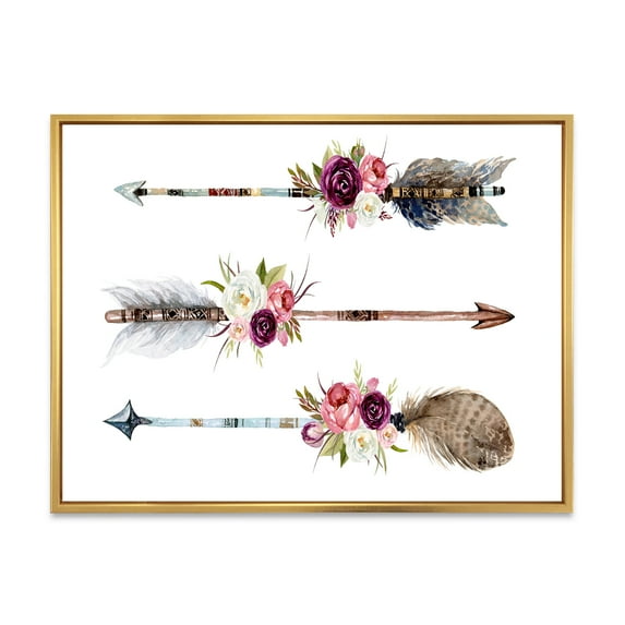 Designart 'Flowers and Ethnic Feathers On Native Arrows III' Bohemian & Eclectic Framed Canvas Wall Art Print