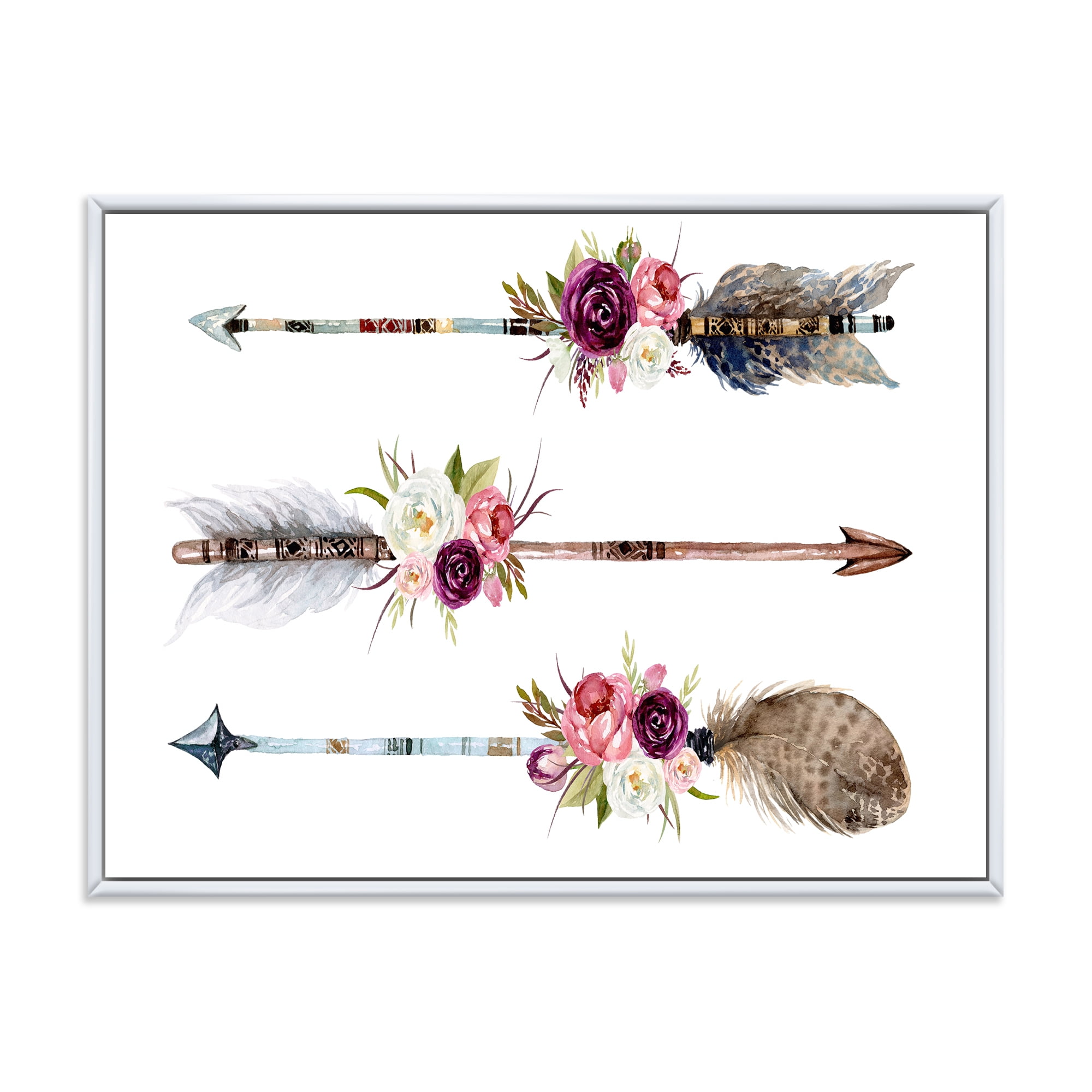 Designart 'Flowers and Ethnic Feathers On Native Arrows III' Bohemian & Eclectic Framed Canvas Wall Art Print