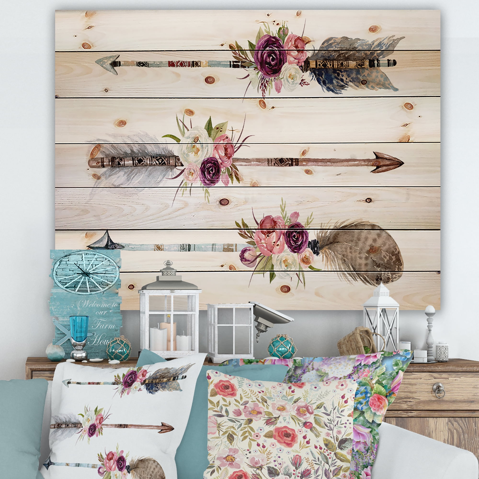 Designart 'Flowers and Ethnic Feathers On Native Arrows III' Bohemian & Eclectic Print on Natural Pine Wood