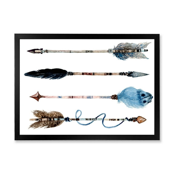 Designart 'Flowers and Ethnic Feathers On Native Arrows IV' Bohemian & Eclectic Framed Art Print