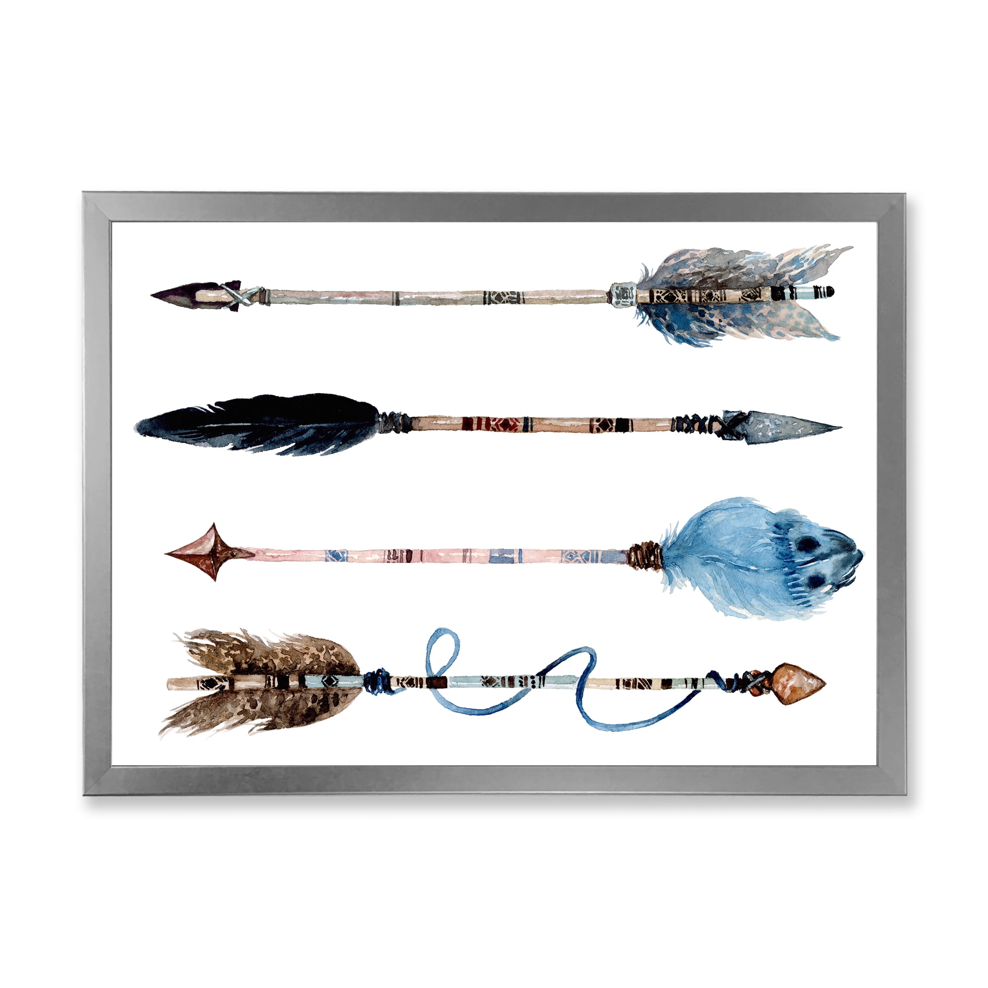 Designart 'Flowers and Ethnic Feathers On Native Arrows IV' Bohemian & Eclectic Framed Art Print
