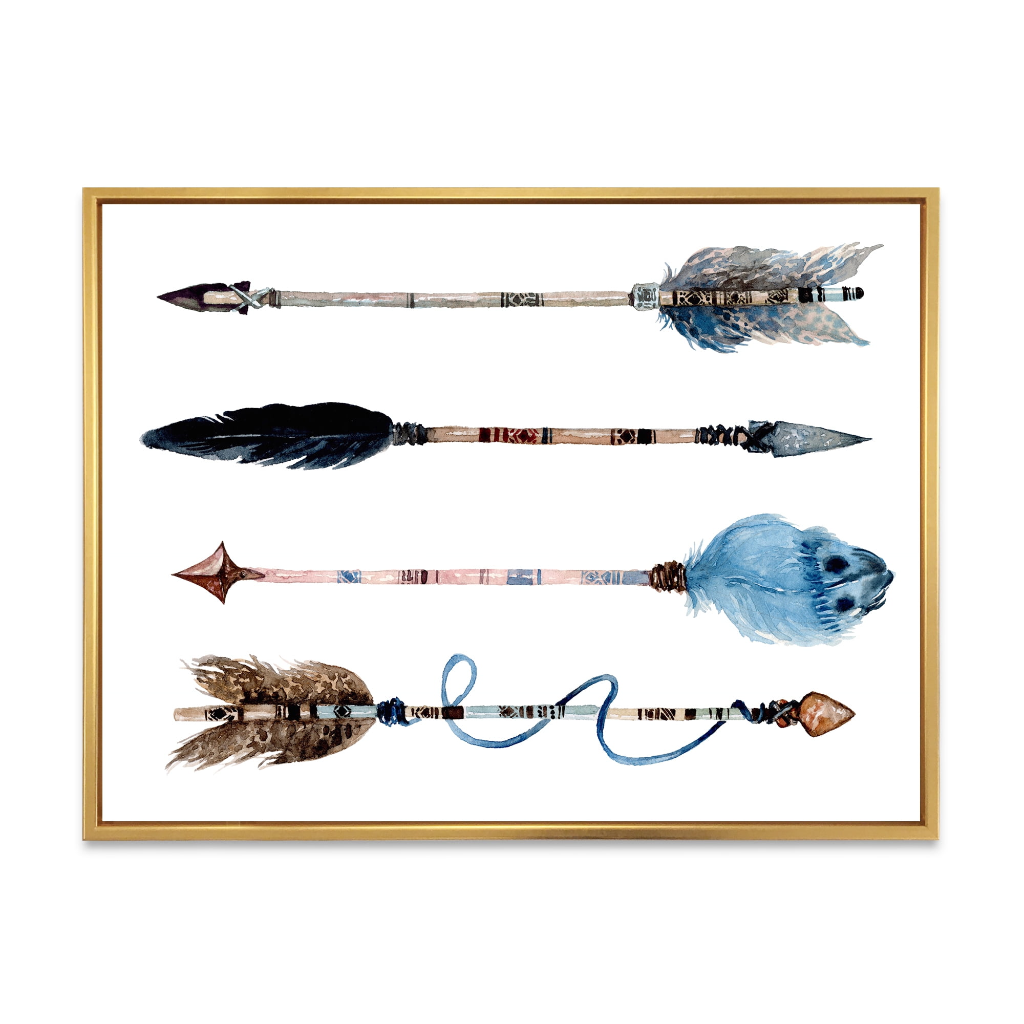 Designart 'Flowers and Ethnic Feathers On Native Arrows IV' Bohemian & Eclectic Framed Canvas Wall Art Print
