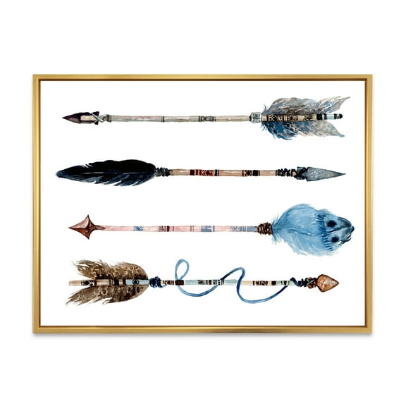 Designart 'Flowers and Ethnic Feathers On Native Arrows IV' Bohemian & Eclectic Framed Canvas Wall Art Print