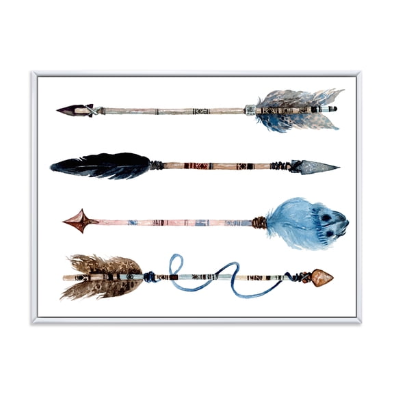 Designart 'Flowers and Ethnic Feathers On Native Arrows IV' Bohemian & Eclectic Framed Canvas Wall Art Print