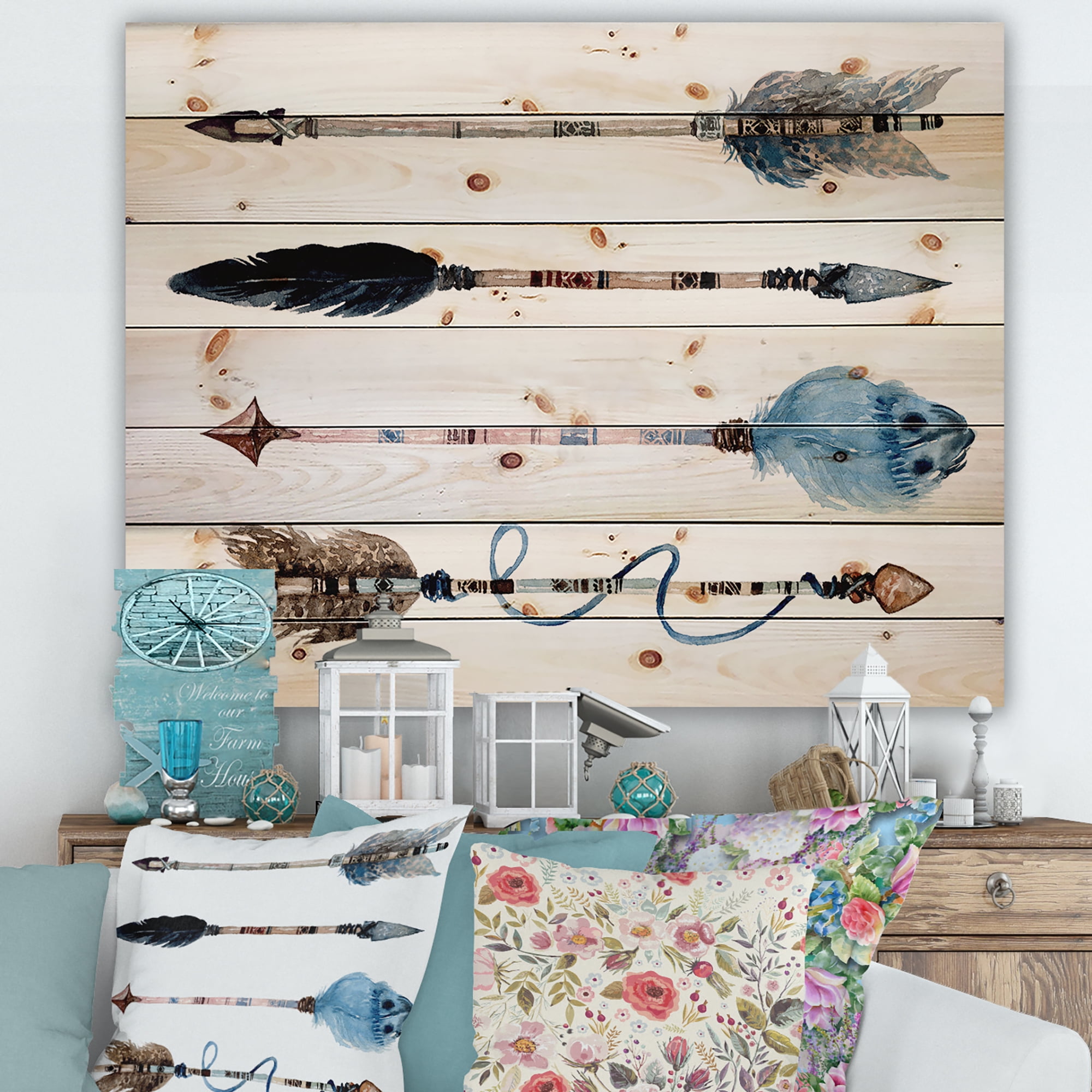Designart 'Flowers and Ethnic Feathers On Native Arrows IV' Bohemian & Eclectic Print on Natural Pine Wood