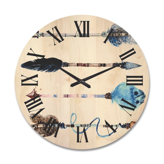 Designart 'Flowers and Ethnic Feathers On Native Arrows IV' Bohemian & Eclectic Wood Wall Clock