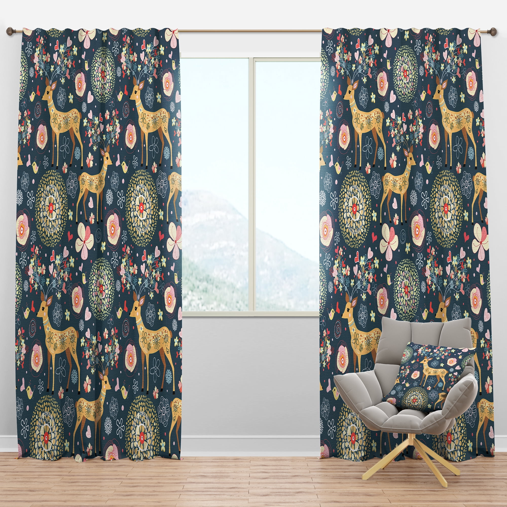 Designart 'Flowers and Hearts Antlers With Deer' Floral Blackout Curtain Panel