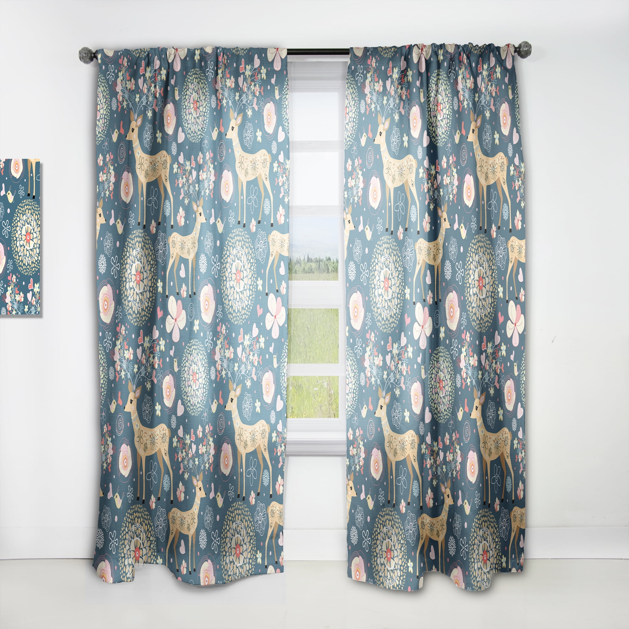Designart 'Flowers and Hearts Antlers With Deer' Floral Curtain Panel