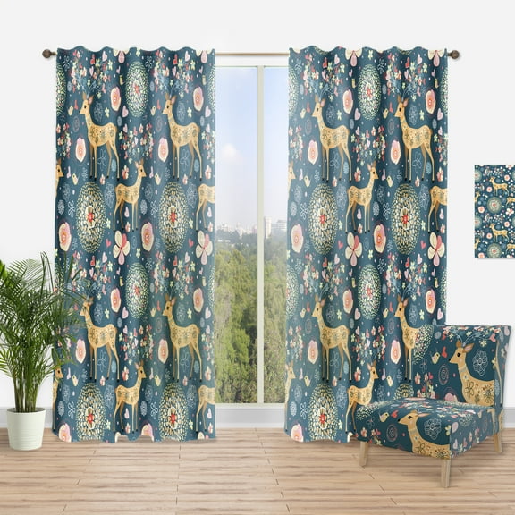 Designart 'Flowers and Hearts Antlers With Deer' Floral Curtain Panel