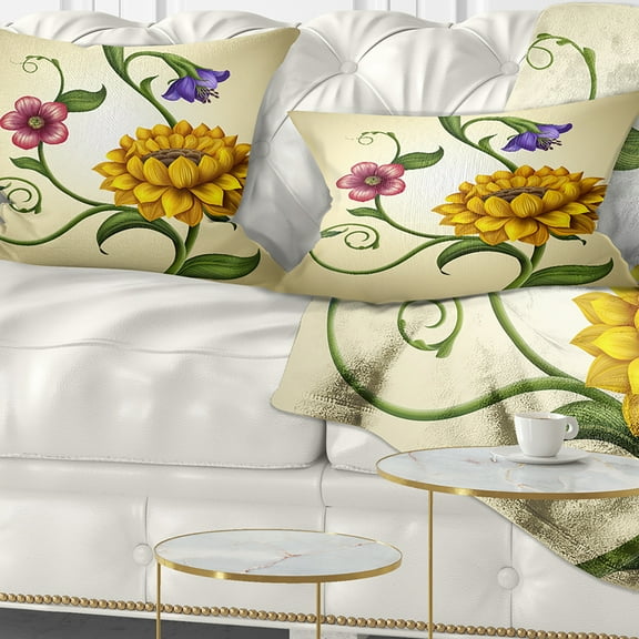 Designart Flowers and Leaves Illustration - Floral Throw Pillow - 12x20