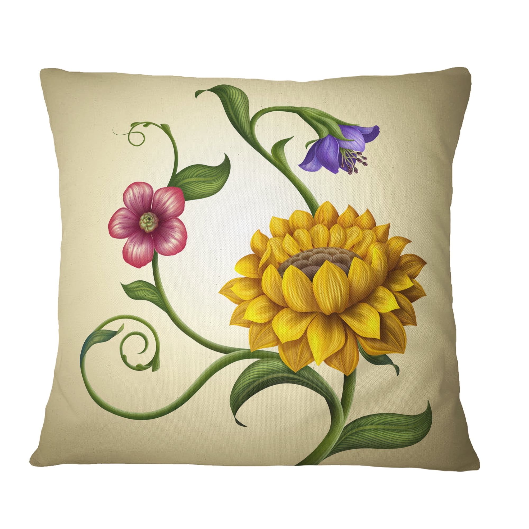 Designart Flowers and Leaves Illustration - Floral Throw Pillow - 18x18